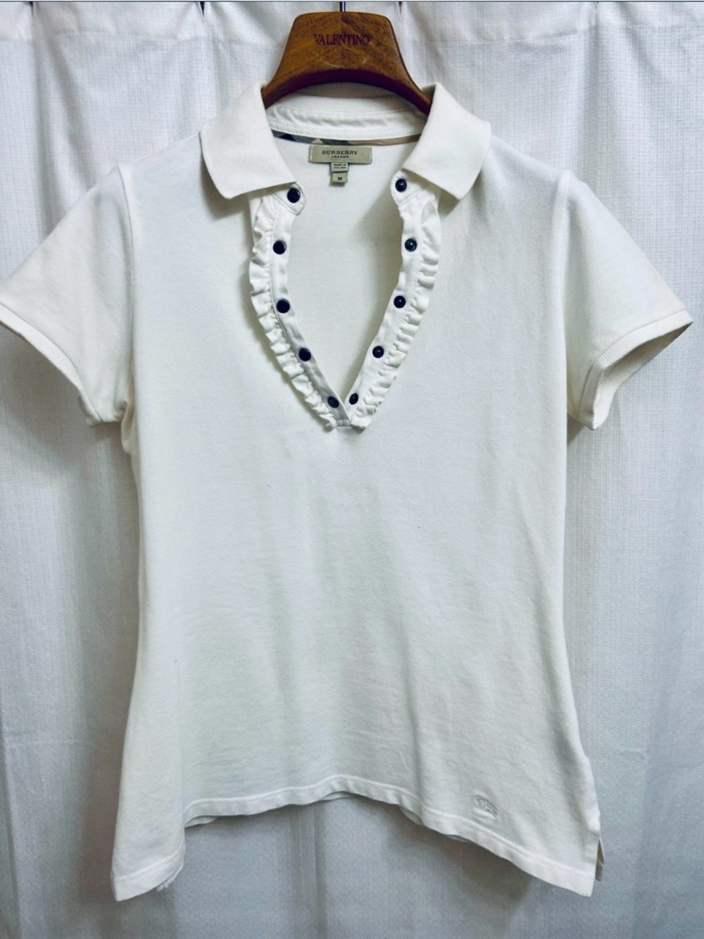 Burberry Short-Sleeve Polo Top with Ruffle Placket in Cream White